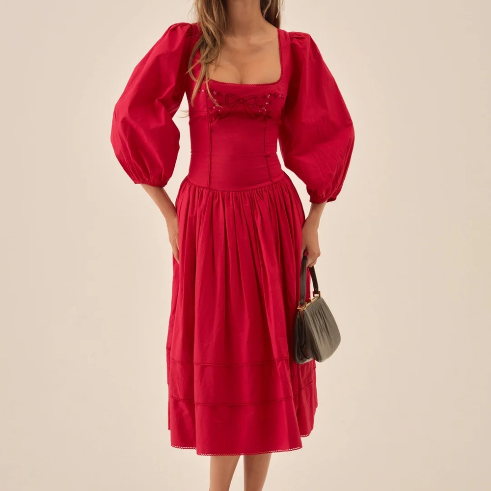 NWT For Love & Lemons Red Puff-Sleeve Midi Dress, XS